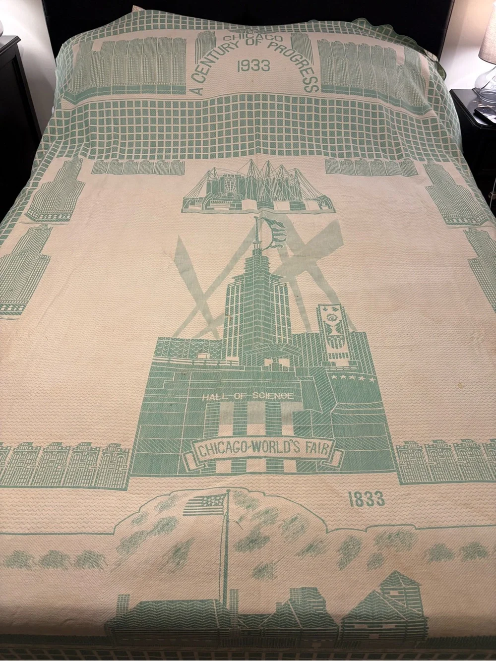 Vintage Chicago 1933 Authentic World’s Fair Jacquard Bedspread - Green & Cream